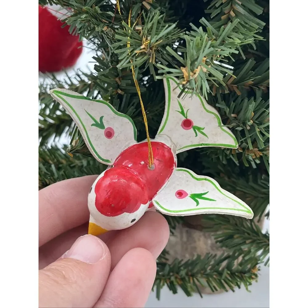 Vintage 19” Decorated Table Christmas Tree Wooden, Flocked & Folk Art Ornaments